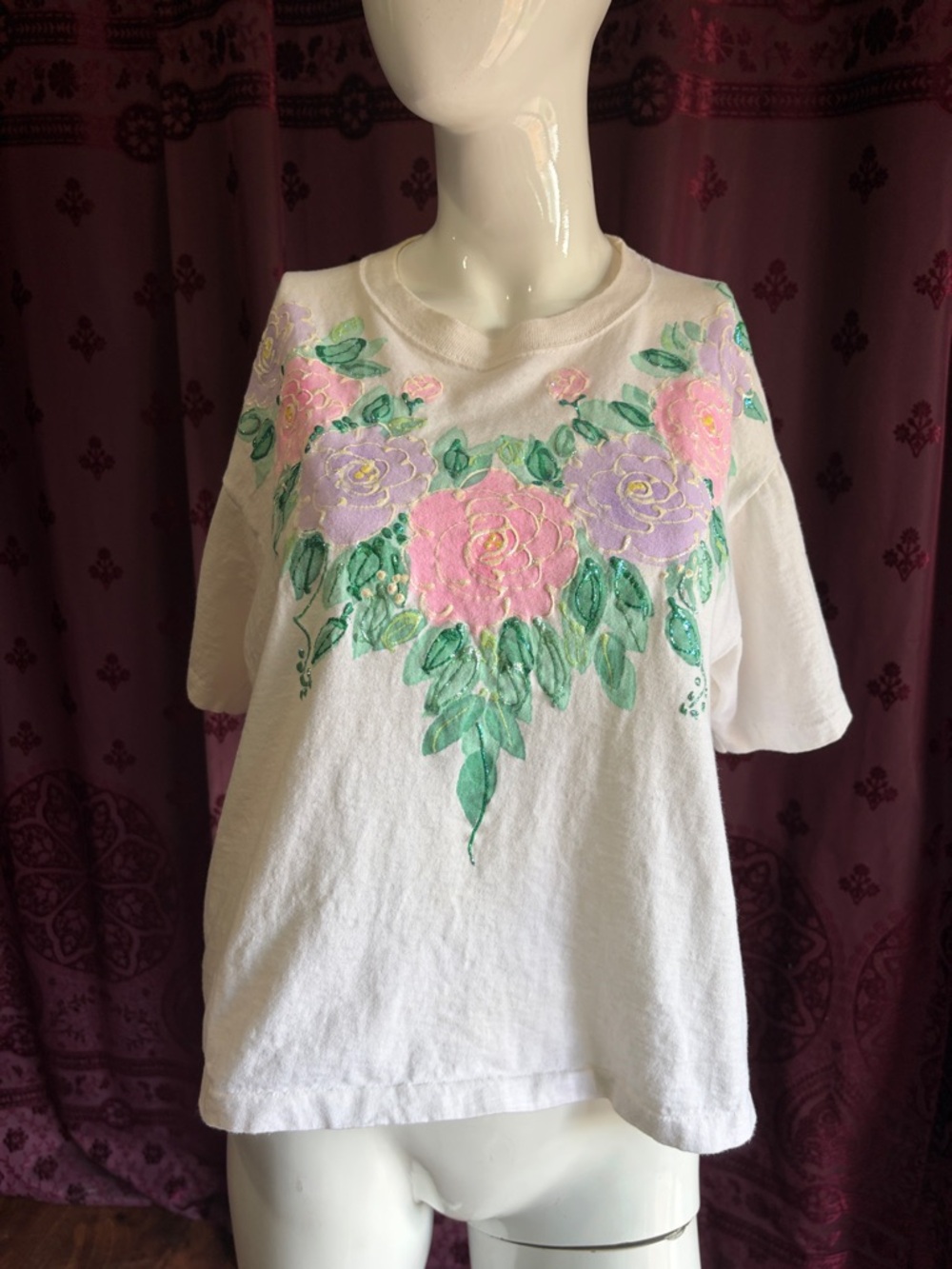 Women's White T-Shirt W/ Pastel Floral Sparkly Fabric Puff Paint Design